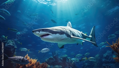 The great White Shark in the ocean  portrait of White shark hunting prey in the underwater