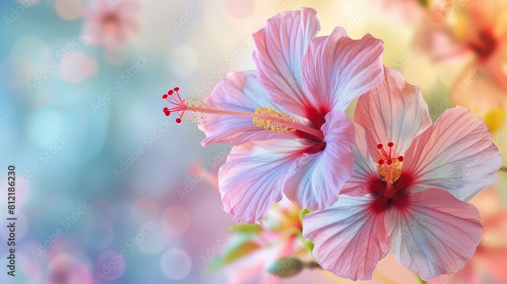 Three pink and blue flowers with yellow leaves Three pink and blue flowers with yellow leaves