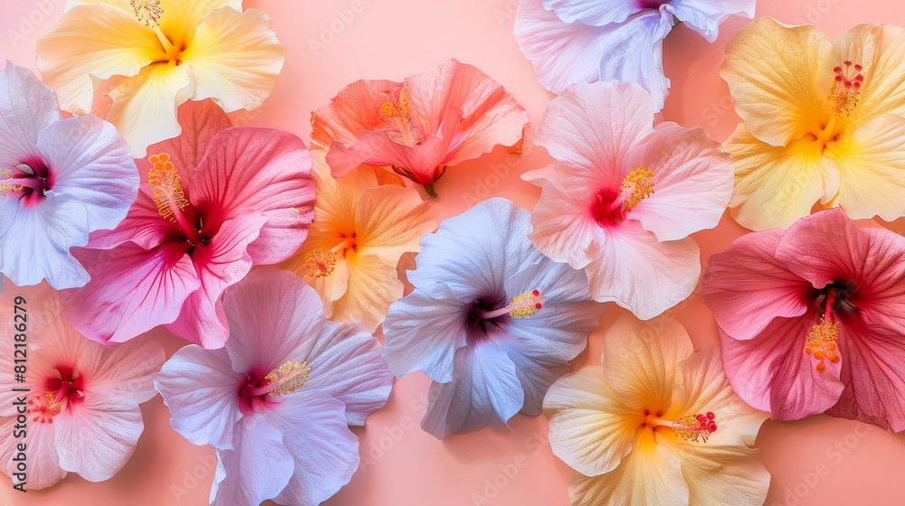 Three pink and blue flowers with yellow leaves Three pink and blue flowers with yellow leaves