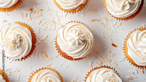 Vanilla cupcakes with cream cheese frosting and shredded coconut topping on a white background. Flat lay composition with copy space. Dessert and celebration concept for design and print. photo