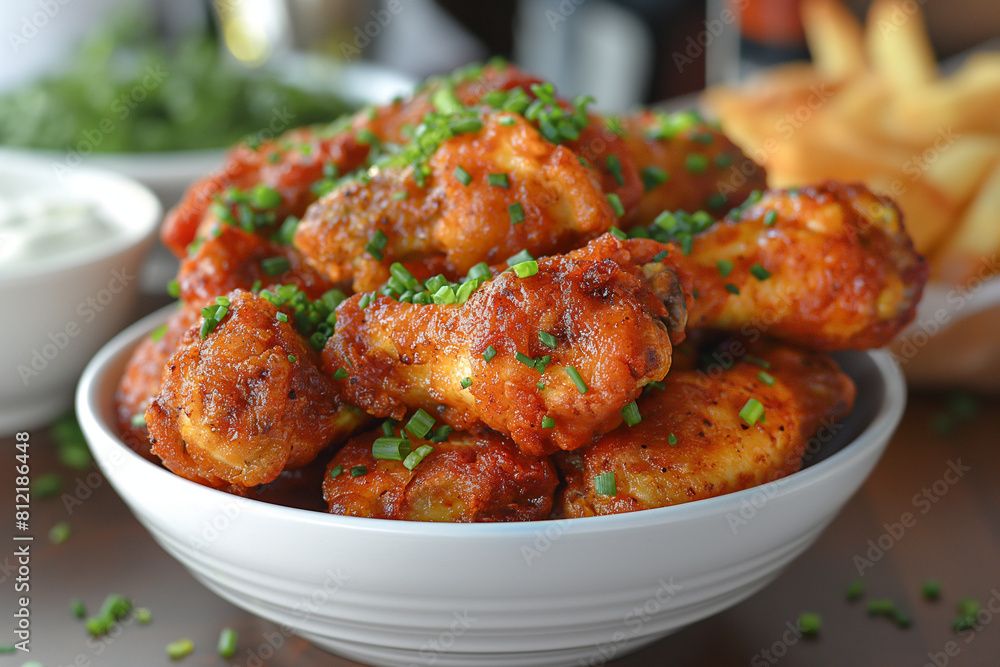 A bowl of chicken wings with green onions on top A bowl of chicken wings with green onions on top