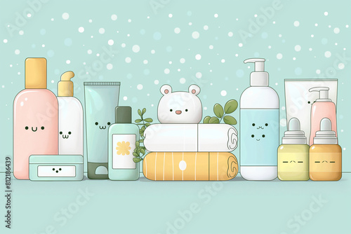 A cartoonish collection of various toiletries and beauty products