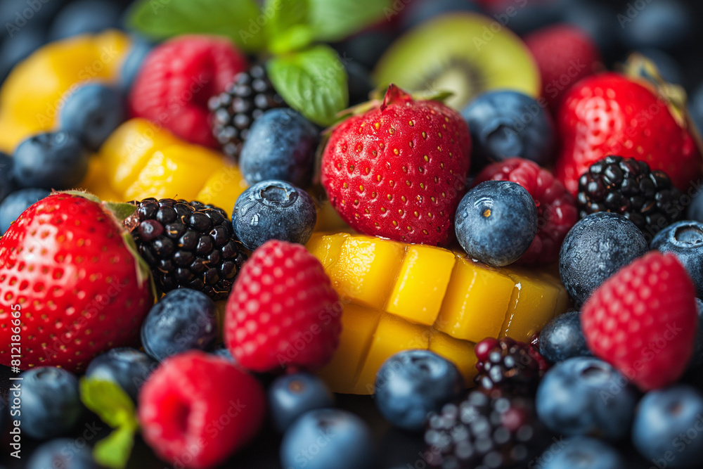 A colorful fruit salad with strawberries, blueberries, and kiwi A colorful fruit salad with strawberries, blueberries, and kiwi