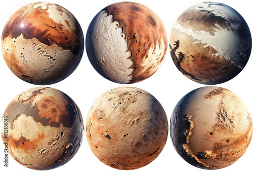 Set of fantasy planets isolated on transparent background. A desert planet similar to Mars. Bright and unexplored planets.