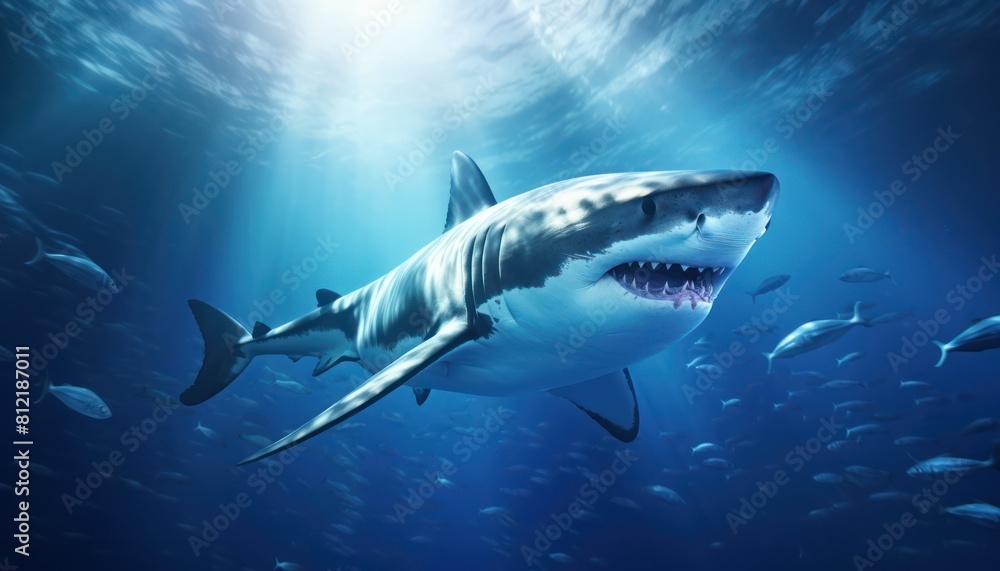 Fototapeta premium The great White Shark in the ocean, portrait of White shark hunting prey in the underwater