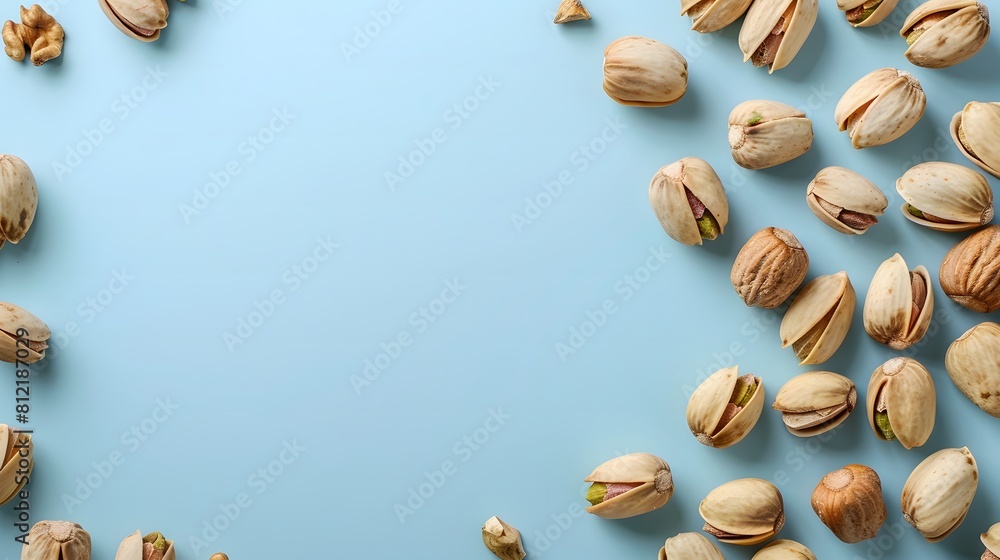 Obraz premium Scattered pistachio nuts on a blue background. Flat lay composition with copy space. Nutritional snacks concept for design and print.