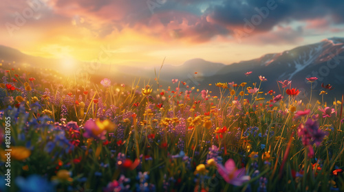 Colorful spring sunrise on meadow 