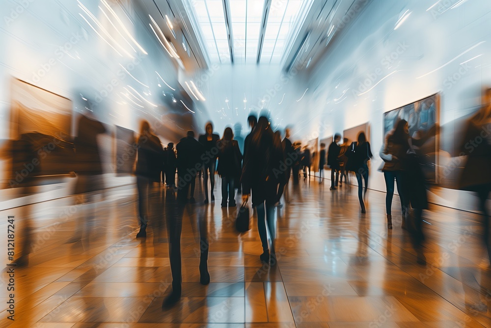 Businessman in rush, blurred motion through crowded city corridor. Commuting via subway or airport, fast-paced urban travel. Abstract and dynamic scene of daily life, modern.