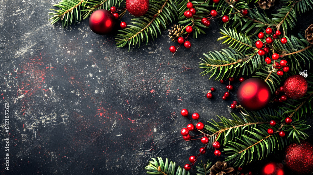 Christmas card with frame on dark background. Blank with copy space for advertising text. Top view, flat lay Christmas card with frame on dark background. Blank with copy space for advertising text. Top view, flat lay