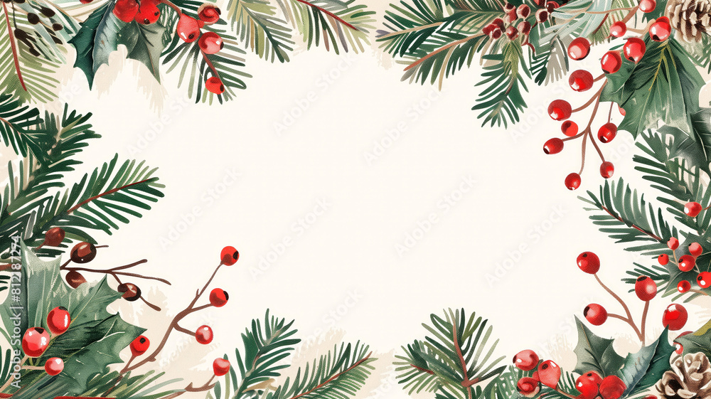 Christmas card with frame on white background. Blank with copy space for advertising text. Top view, flat lay Christmas card with frame on white background. Blank with copy space for advertising text. Top view, flat lay