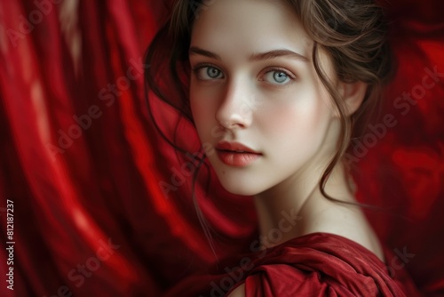 Stunning Beautiful girl in silk fabric. Attractive lady wearing shiny glowing headscarf. Generate ai