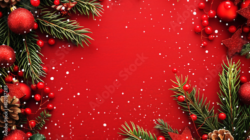 Christmas card with frame on red background. Blank with copy space for advertising text. Top view  flat lay