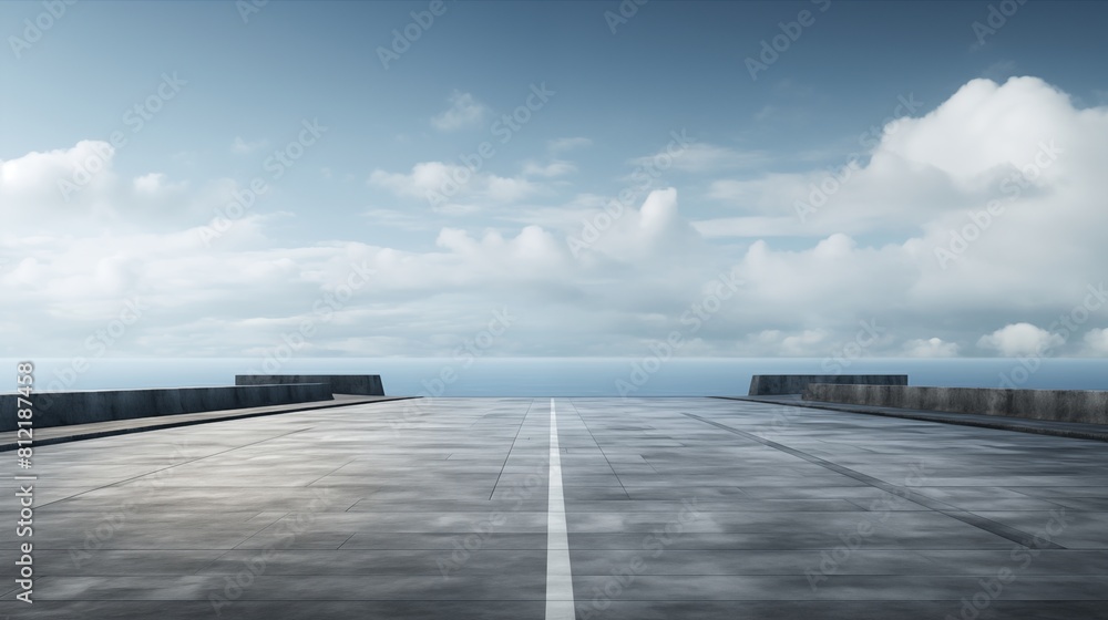 A tranquil coastal road stretching into the horizon under a clear blue sky A tranquil coastal road stretching into the horizon under a clear blue sky