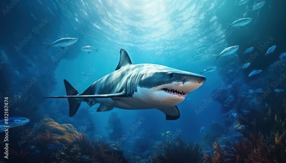 Fototapeta premium The great White Shark in the ocean, portrait of White shark hunting prey in the underwater