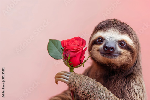 Threetoed sloth clutching a red rose between its furcovered paws. Valentines Day. Copy Space. Generative AI photo