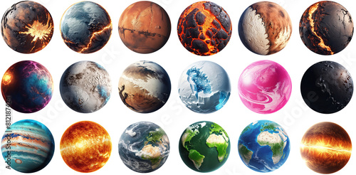 Big set of planets isolated on transparent background. Bright and unexplored planets. photo