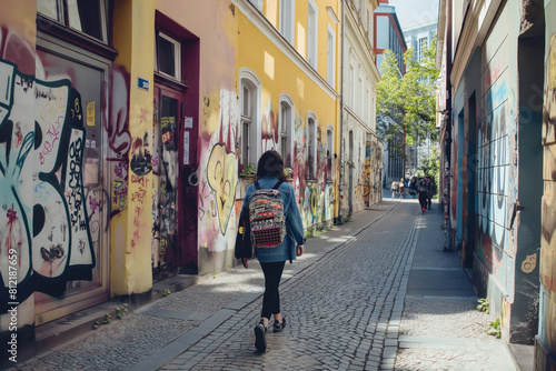 Berlin. A woman carrying a backpack strolls through a cramped city alley. Generative AI © Eugen