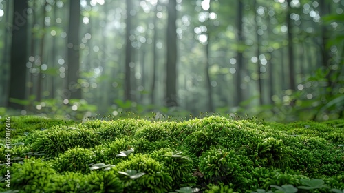 A lush green forest with a mossy ground