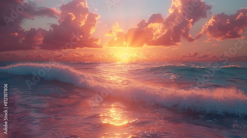 A beautiful sunset over the ocean with a wave in the water