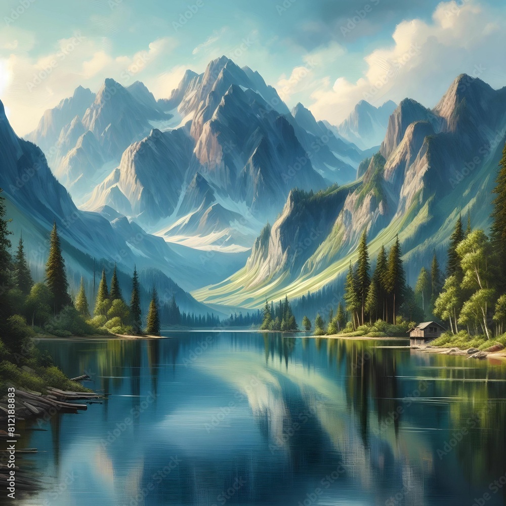 Tranquil, mountain lake, reflecting surrounding peaks, landscape painting