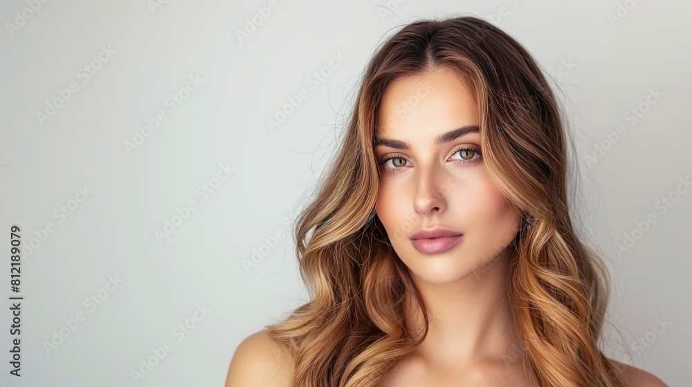 Elegant Woman with Balayage Highlights Posing on a Neutral Backdrop Elegant Woman with Balayage Highlights Posing on a Neutral Backdrop