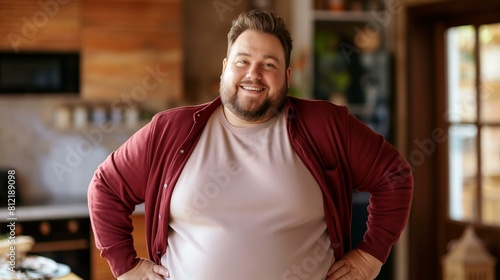 Cheerful Plus-Size Man Smiling Confidently in a Casual Home Setting photo