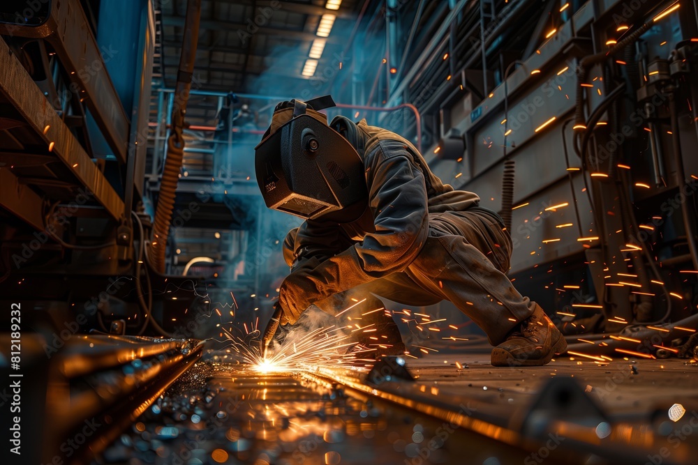 Man working as welder in industrial steel factory. Welding metal, sparks from manufacture process..