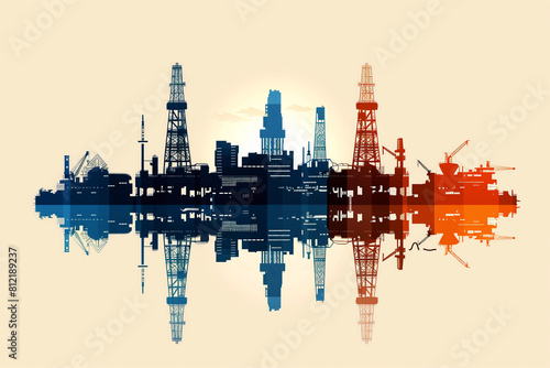 Oil drilling rigs and related infrastructure. Oil business, illustration.