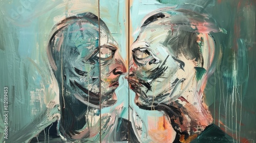 Abstract dual-faced painting expressing human connection and introspection