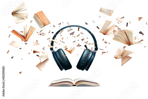 Headphones with books, illustration, audiobook concept