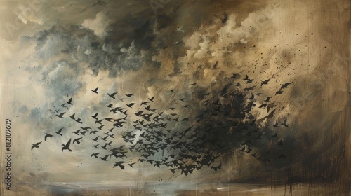 Abstract painting of a flock of birds in dynamic movement, suitable for modern interior design