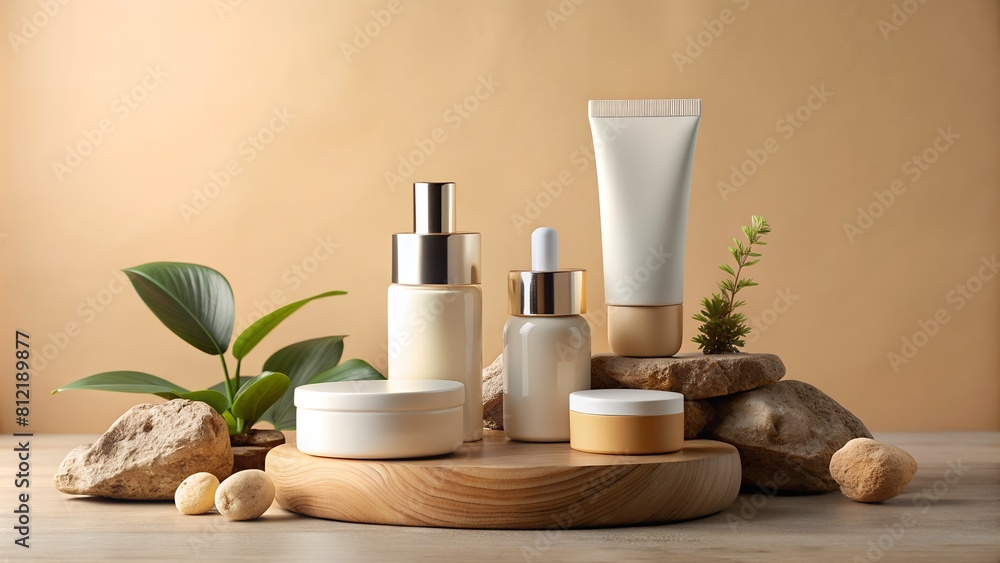 Layout of cosmetic products packaging on beige background. Composition with stones and wood.skincare products Layout of cosmetic products packaging on beige background. Composition with stones and wood.skincare products