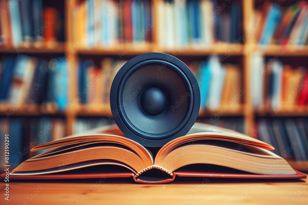 Sound speaker on a book in library, concept of audiobooks, self-education