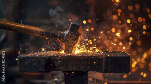 Artisan blacksmith working metal with hammer on anvil in traditional forge photo