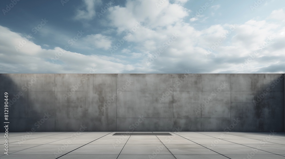 Minimalistic Concrete Wall with Tile Flooring Under an Overcast Sky Minimalistic Concrete Wall with Tile Flooring Under an Overcast Sky