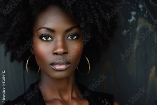 Close-up of a poised african woman with natural afro hair and bold makeup, exuding confidence © anatolir