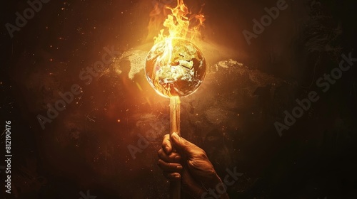 A man is holding a torch and the letters U, V, and B are glowing in the fire photo