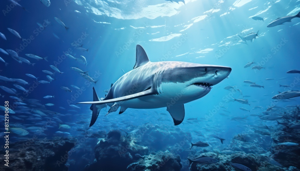 The great White Shark in the ocean, portrait of White shark hunting prey in the underwater The great White Shark in the ocean, portrait of White shark hunting prey in the underwater
