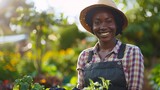 Experience the beauty of nature and the dedication of gardening with this realistic stock photo capturing a black woman immersed in her gardening work