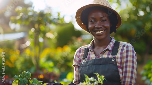 Experience the beauty of nature and the dedication of gardening with this realistic stock photo capturing a black woman immersed in her gardening work photo