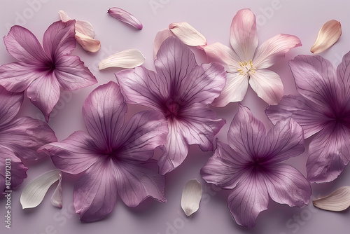 Elegant composition of delicate purple and white flowers  artistically scattered across a soft lavender background  creating a serene floral display