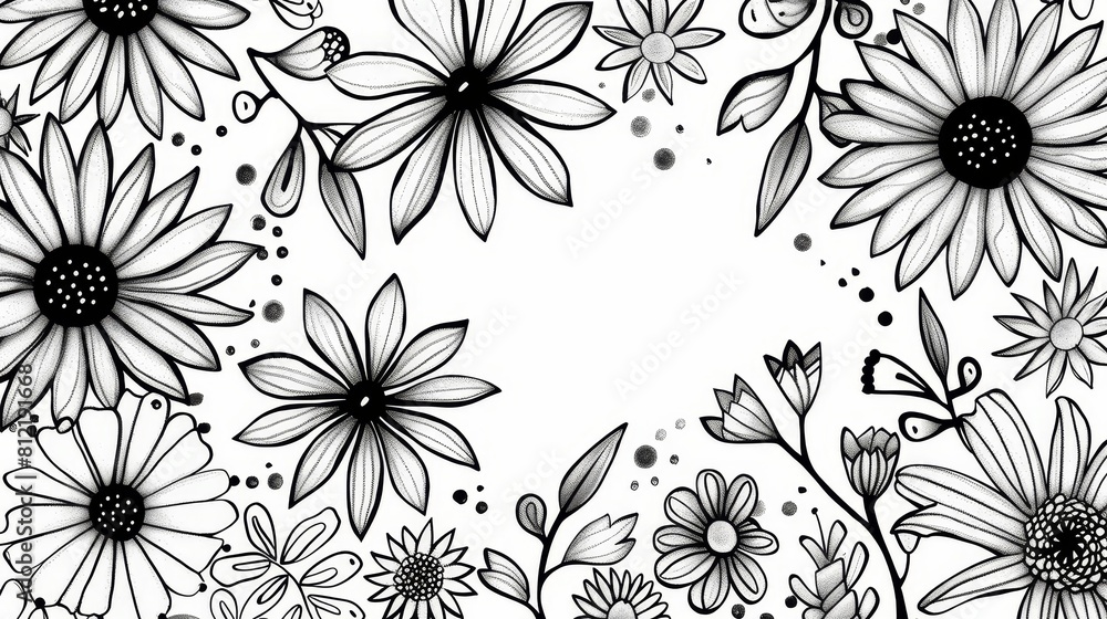 Flower flat design top view garden theme cartoon drawing black and white Flower flat design top view garden theme cartoon drawing black and white