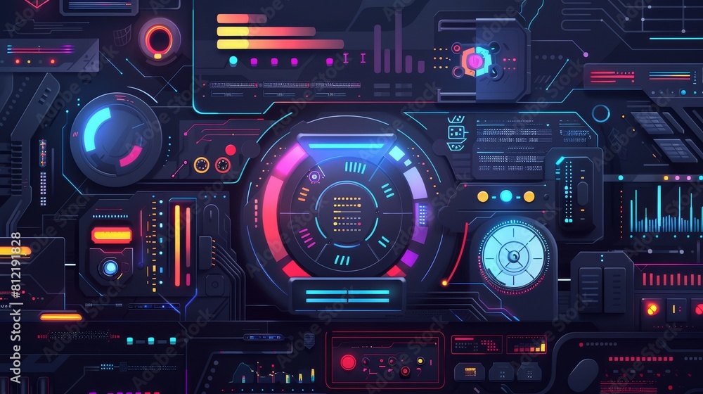 Digital hologram flat design top view communication theme animation Split-complementary color scheme Digital hologram flat design top view communication theme animation Split-complementary color scheme