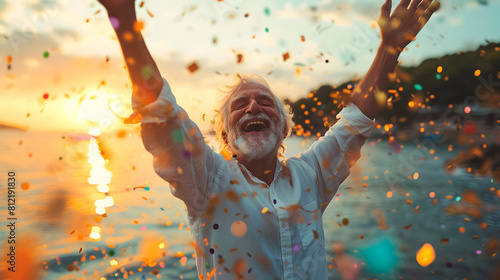 Senior man with arms raised, celebrating with confetti at sunset. Outdoor celebration concept photography with copy space. Joy and freedom concept for design and greeting card