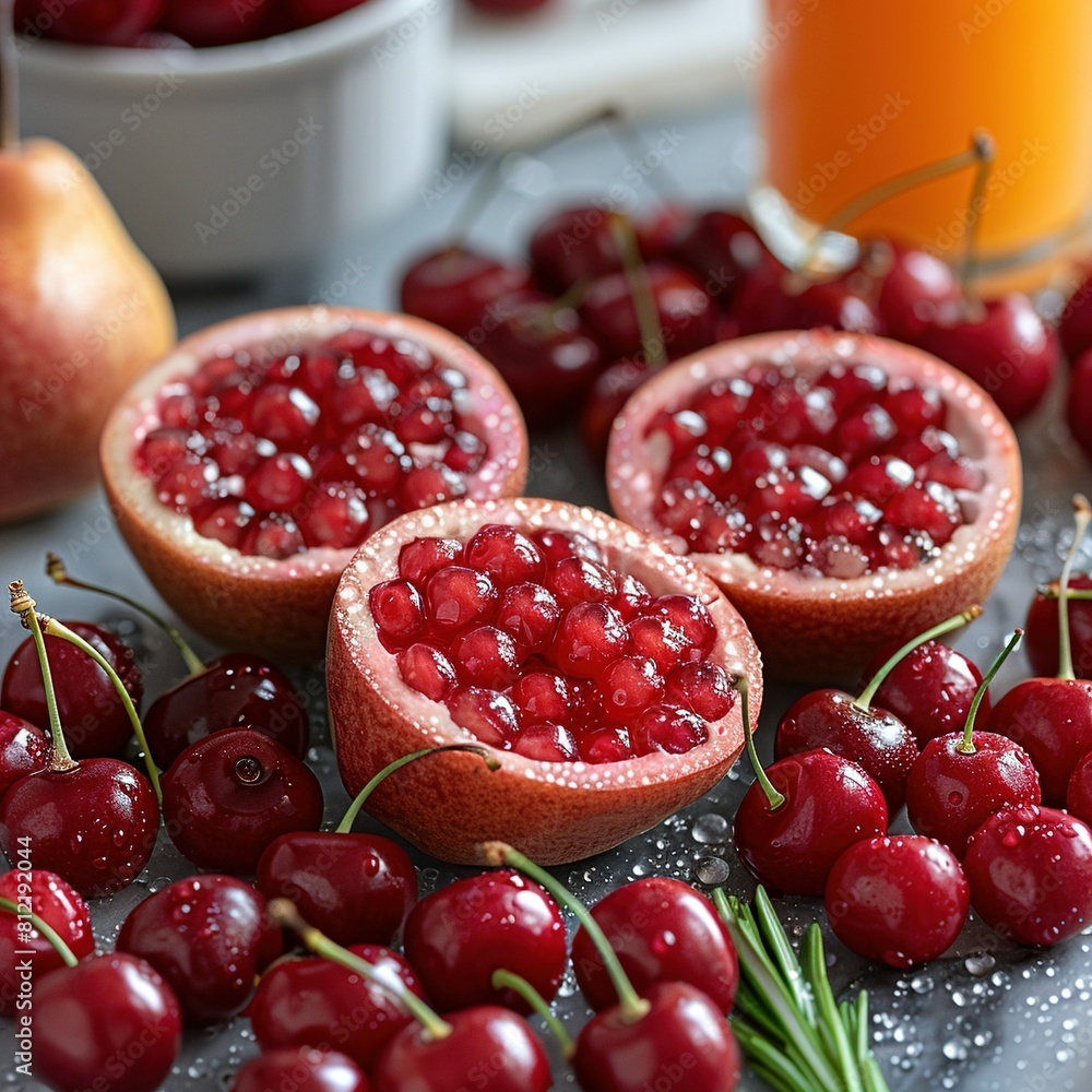 A bountiful arrangement of cherries atop a table, adjacent to an apple bowl and an orange glass A bountiful arrangement of cherries atop a table, adjacent to an apple bowl and an orange glass