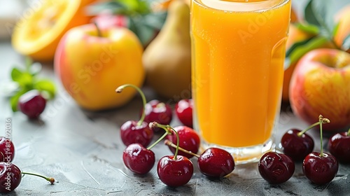   A glass of orange juice with cherries and pears on the table