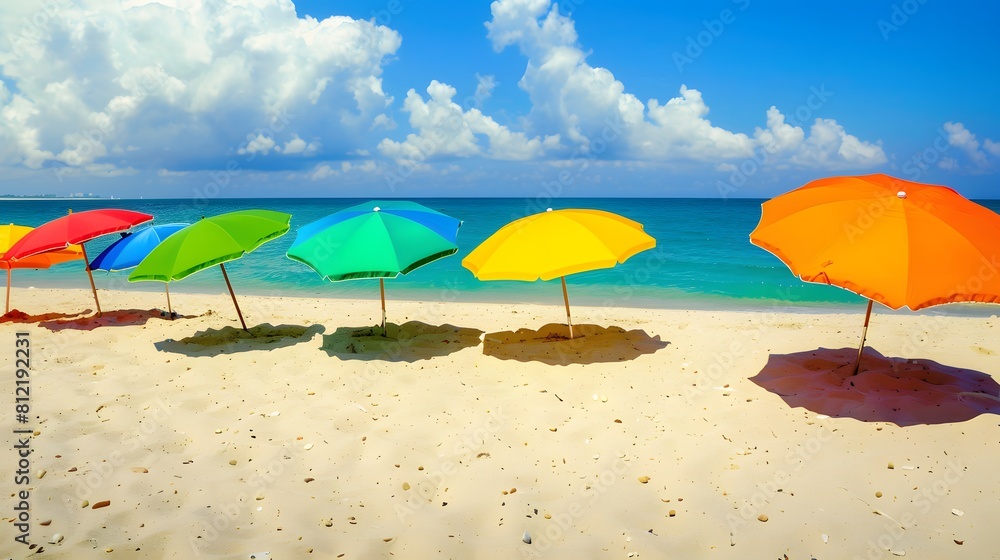 Vibrant colored umbrellas lining a sandy shore