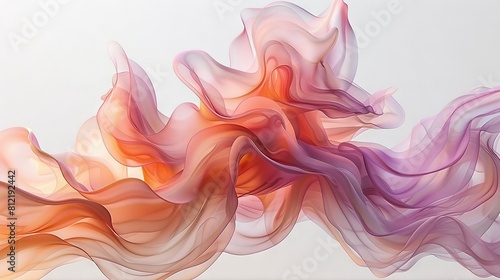  An abstract work depicting waves of pink, orange, and purple on a white canvas against a soft blue backdrop