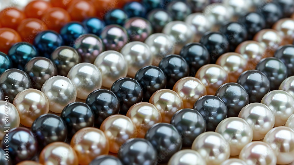 A close-up of diverse colored pearls with a black one in the center A close-up of diverse colored pearls with a black one in the center