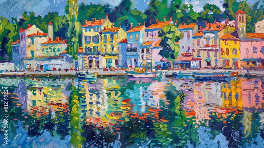 Colorful impressionistic painting of a scenic European waterfront town, ideal for summer and cultural events Colorful impressionistic painting of a scenic European waterfront town, ideal for summer and cultural events